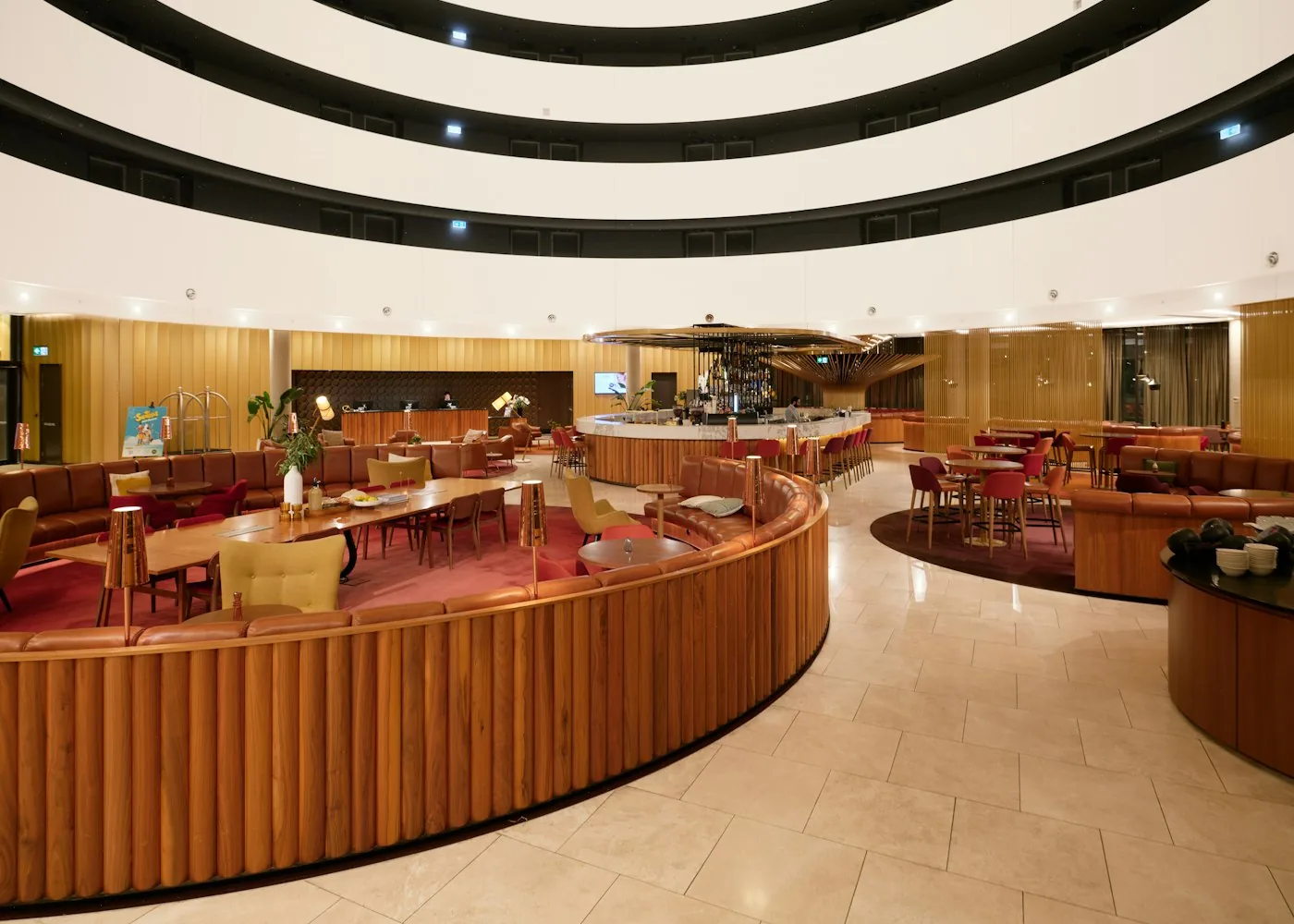Hospitality lounge with stone textures and warm light