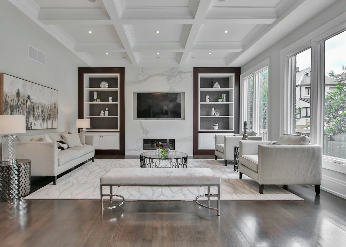 Contemporary residence living room with marble accent wall