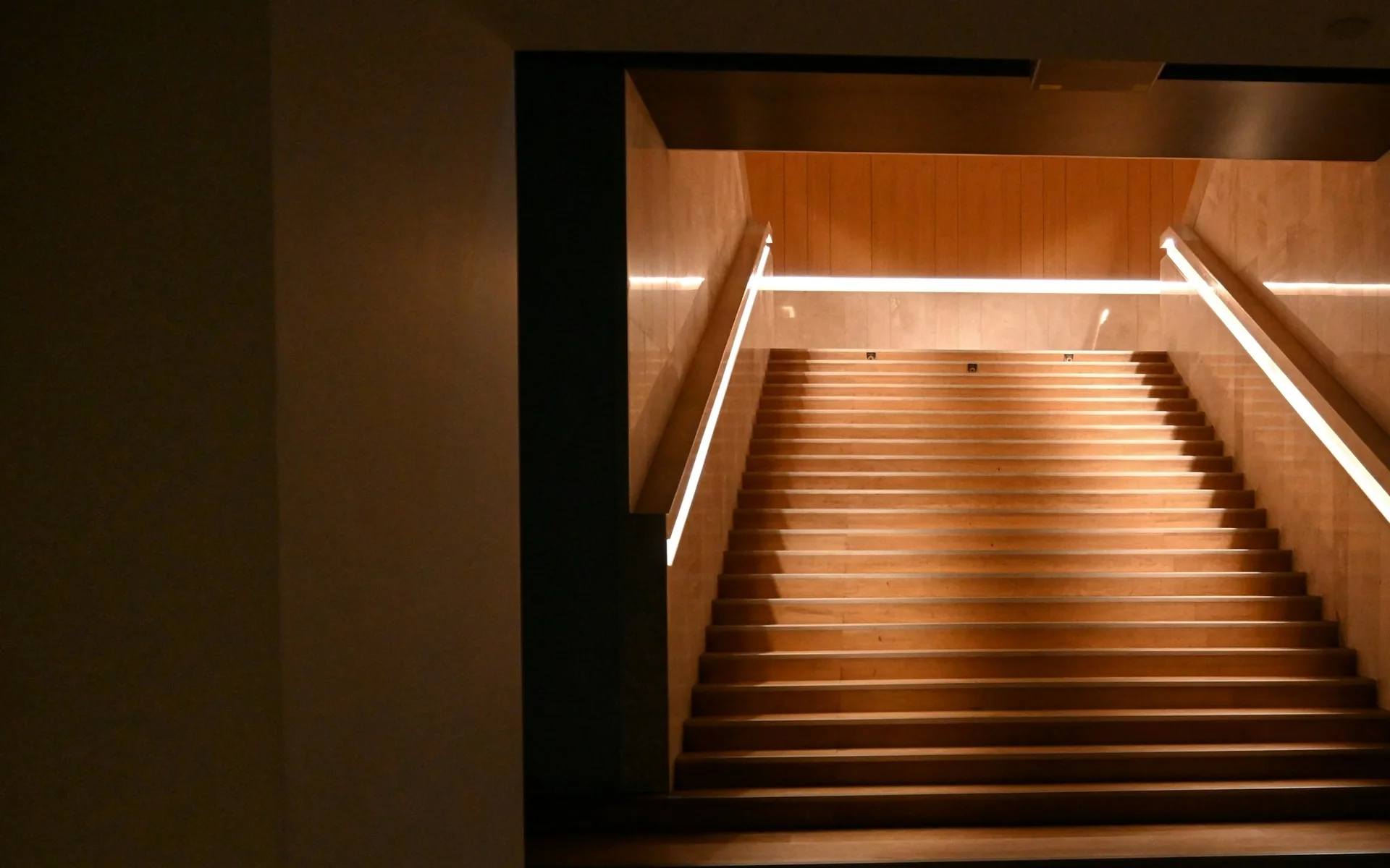 Dramatic staircase with warm light and deep architectural shadow
